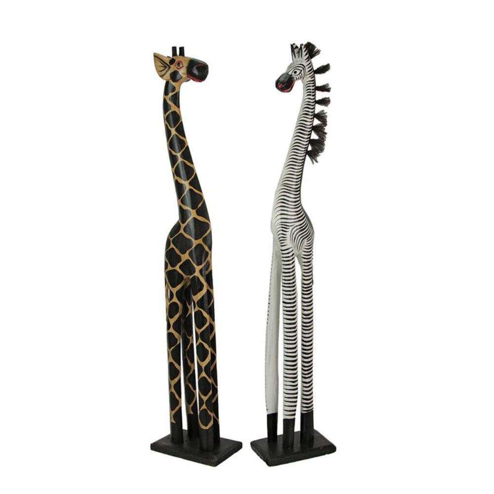 Set of 2 Hand Carved and Painted 36 Inch High Wooden Giraffe and Zebra Statues